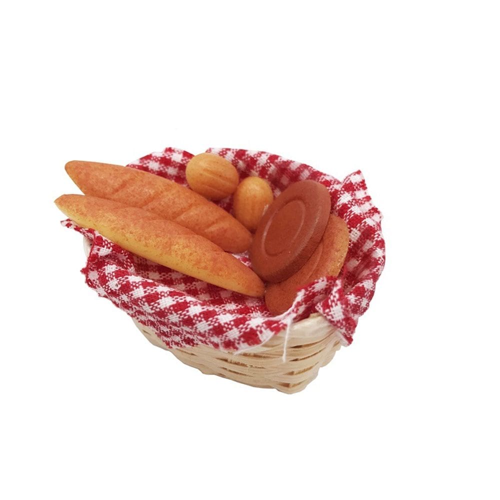 Cesta de casa de bonecas em miniatura com pão em resina de bambu à escala 1:12