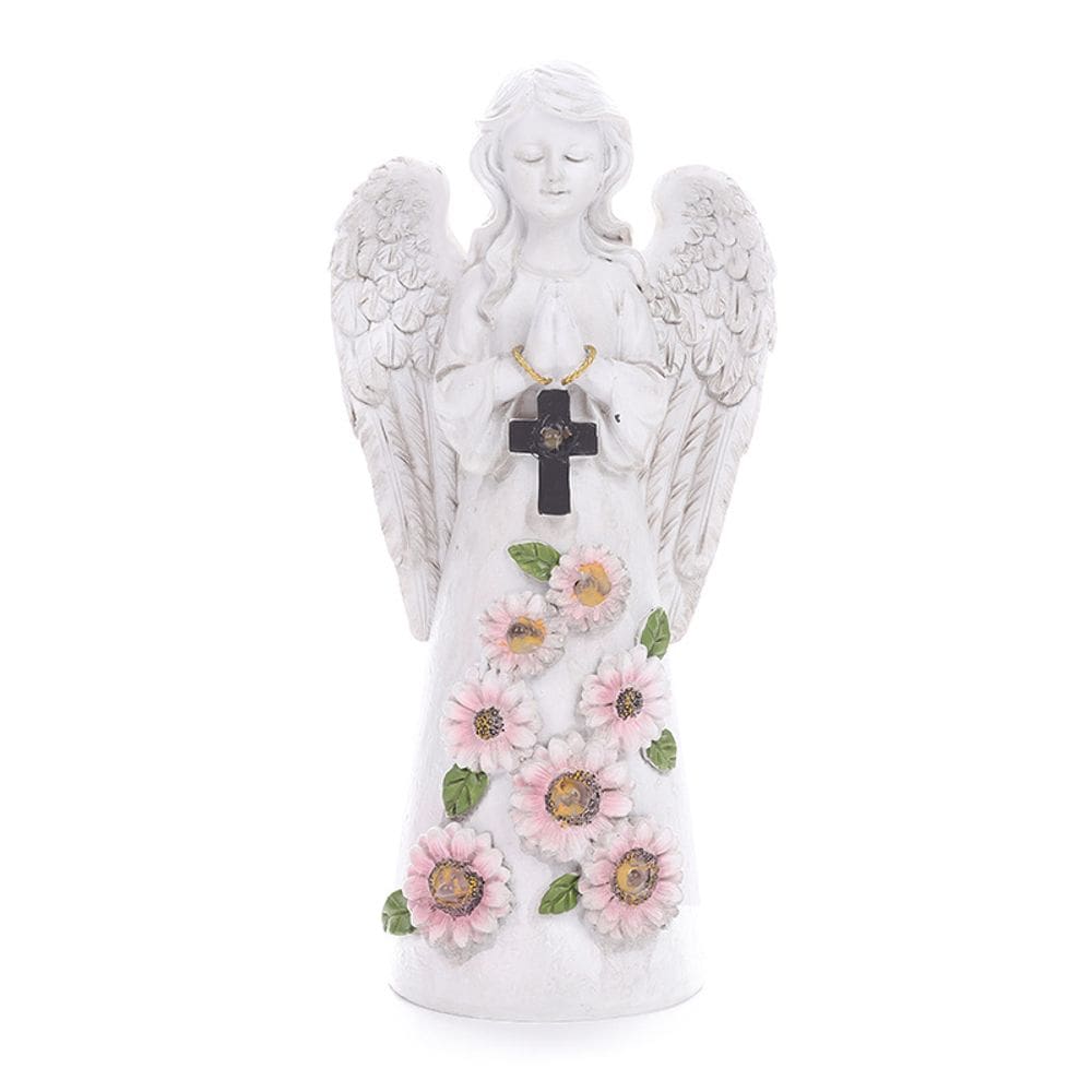 Estátua de anjo orando em resina de 13 cm com colar de cruz e flor