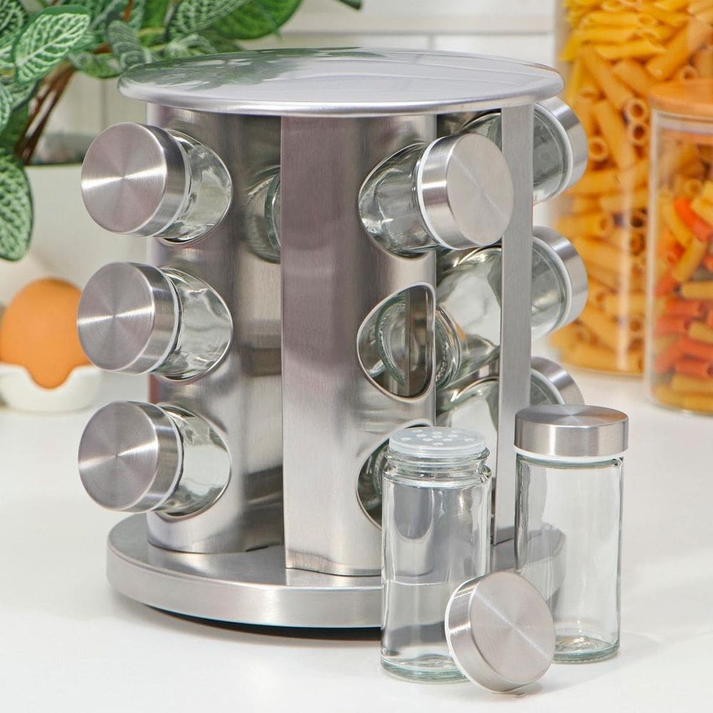 Porta Condimentos Vidro Giratório Com Tampa Inox Organizador Completo