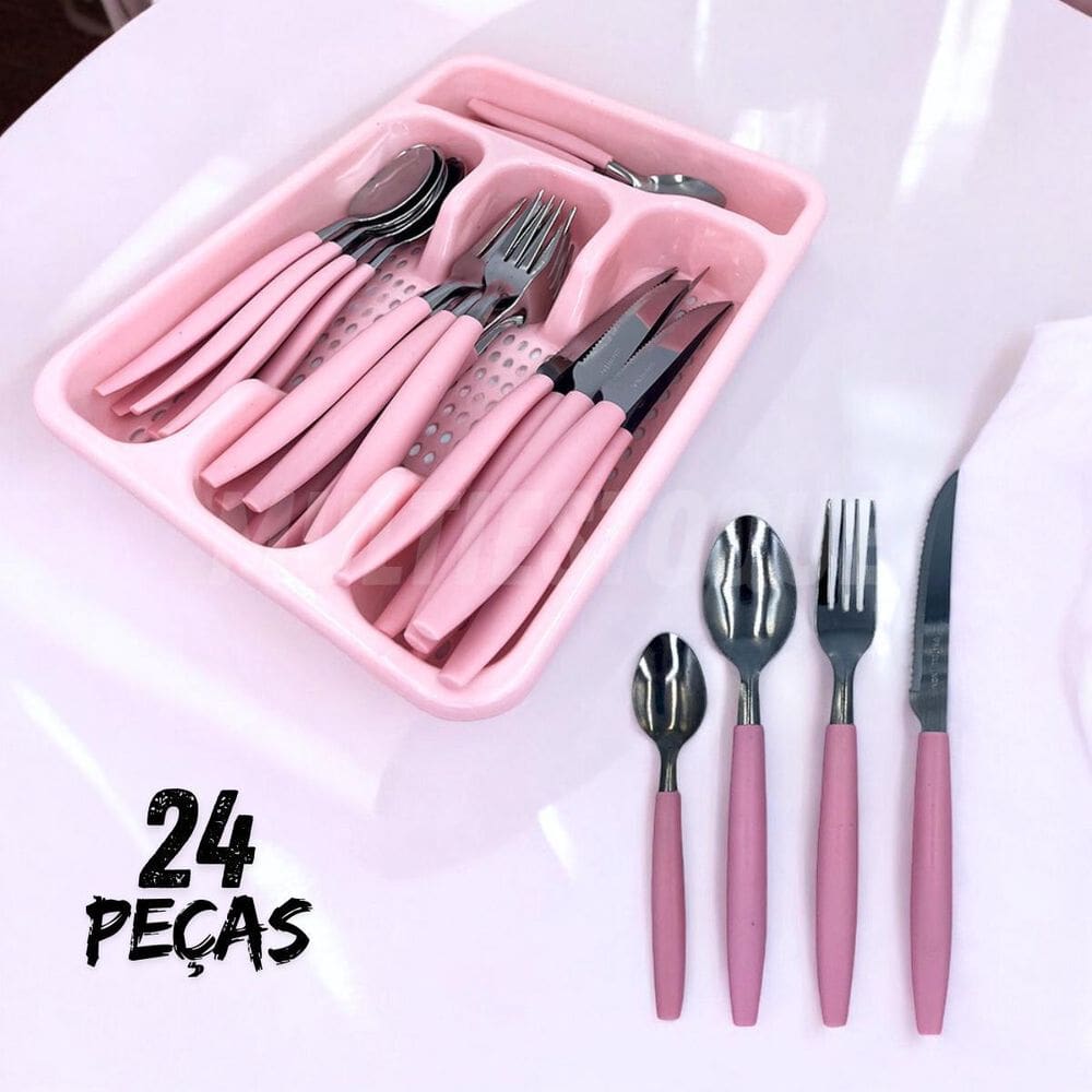 Conjunto De Talheres Rosa 25 Peças Com Organizador
