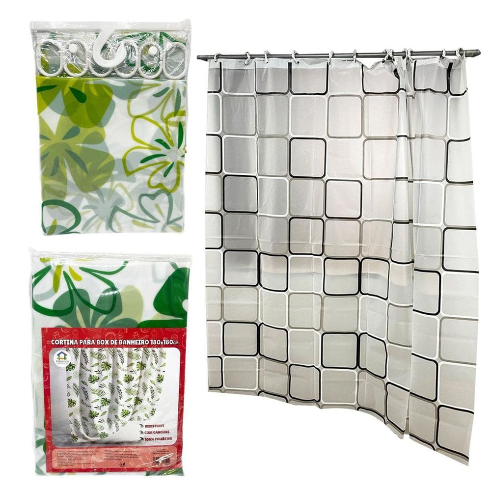 Cortina Box Banheiro Poliéster Com Ganchos 180Cmx180Cm