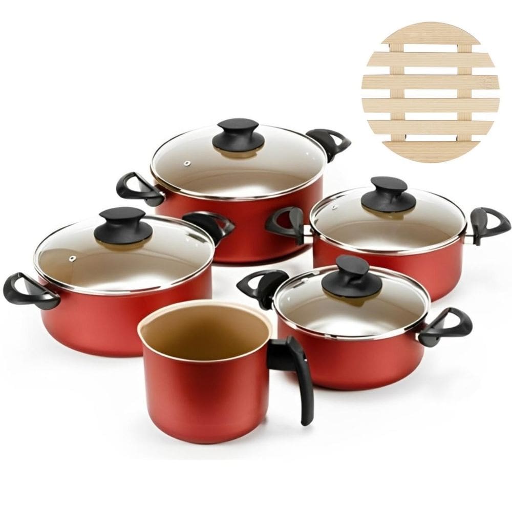 Jogo De Panelas 05 Pçs Antiaderentes + 05 Descansos Panela