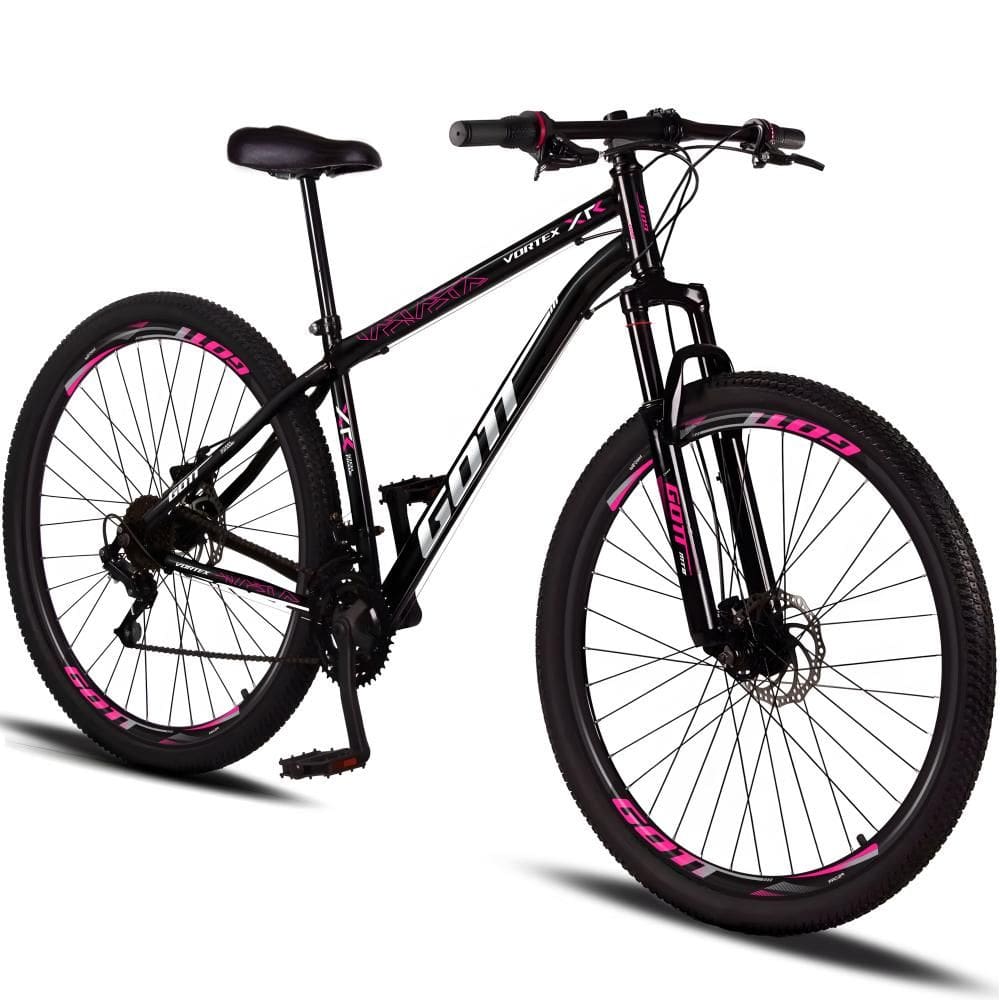 Bicicleta Aro 29 Aço Carbono Gott Vortex 21v Com Suspensão e Freio a Disco - Preto e Rosa