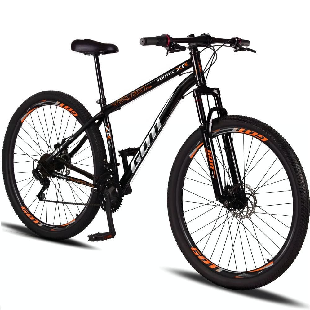Bicicleta Aro 29 Aço Carbono Gott Vortex 21v Com Suspensão e Freio a Disco - Preto e Laranja