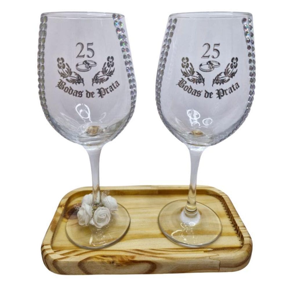 Kit 2 Taças Vidro Bandeja Boda Prata 25 Anos Luxo + Presente