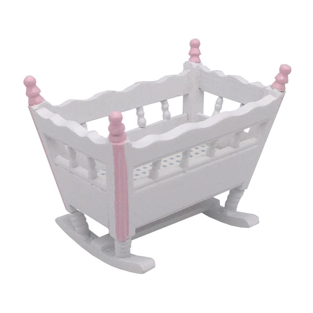 Móveis de casa de bonecas em miniatura Berço de balanço branco de madeira
