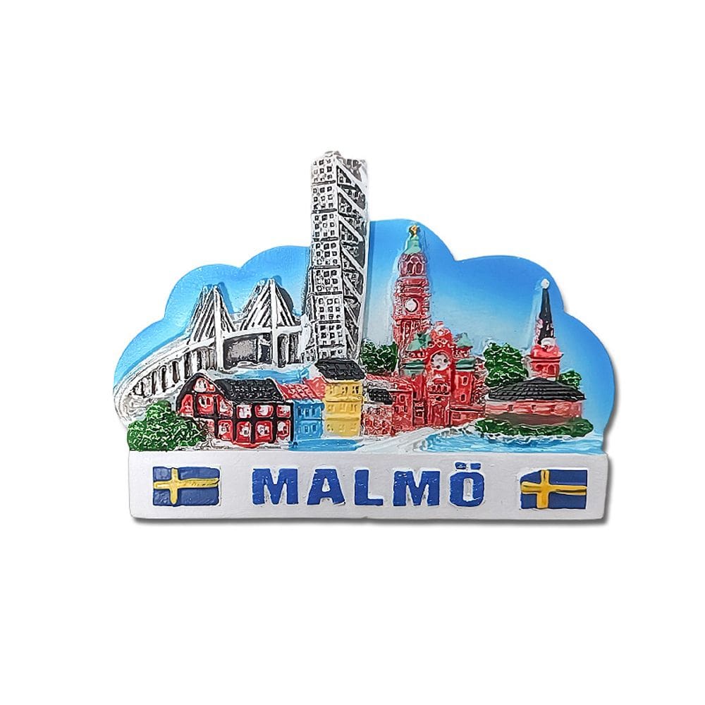 Ímã de geladeira Malmö, Suécia, resina 3D, design de referência colorido