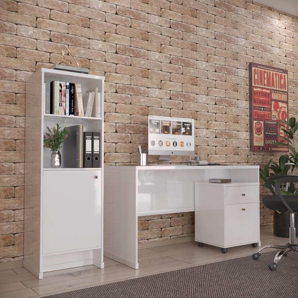 Conjunto Escritório 3 Peças - Mesa Armário E Gaveteiro Verbe - Branco Branco