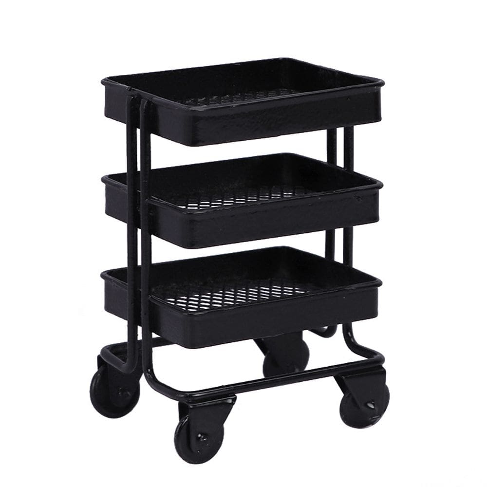 Carrinho de móveis para casa de bonecas em miniatura em ferro preto em escala 1:12