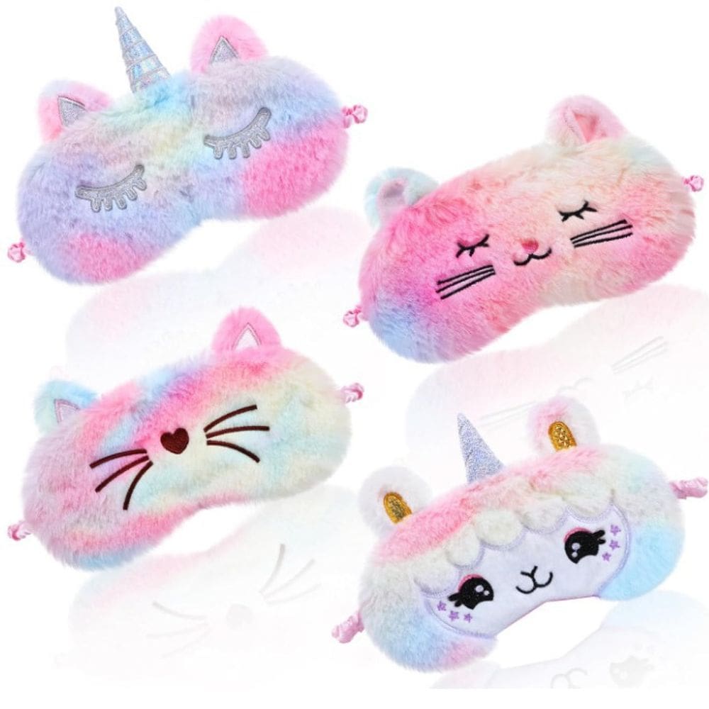 Máscaras de dormir: 4 peças de bicho de pelúcia, unicórnio e gato para todas as idades