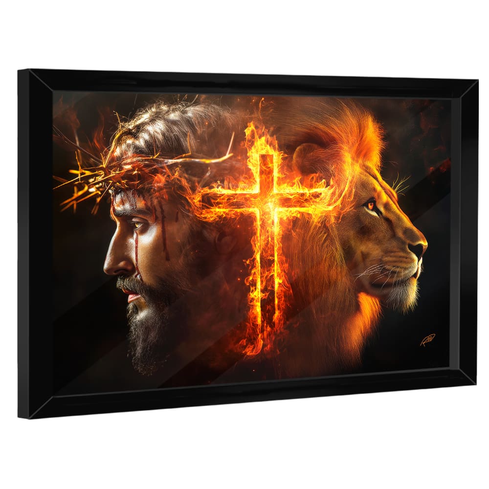 Quadro Decorativo Jesus, Cruz e Leão Fogo