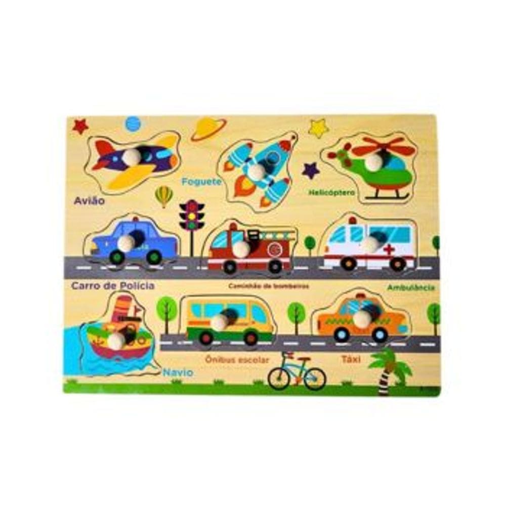 Jogo de Encaixe Transportes com Pino Montessori Yins Kids Brinquedo Didatico Pedagogico