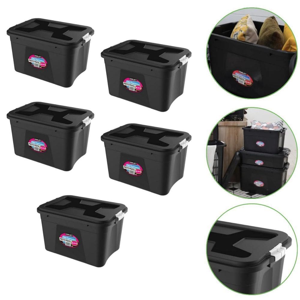 Kit 5 Caixas Organizadoras 56 Litros Com Trava Preta Uninjet