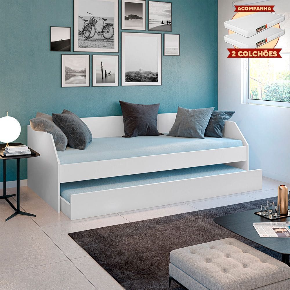 Sofá Cama Solteiro Multiuso Duo com Cama Auxiliar em Mdf Reforçado 15mm Branco com 2 Colchões