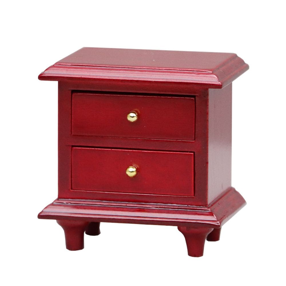 Mobiliário de casa de bonecas em miniatura, mesa de cabeceira vermelha de madeira, escala 1:12