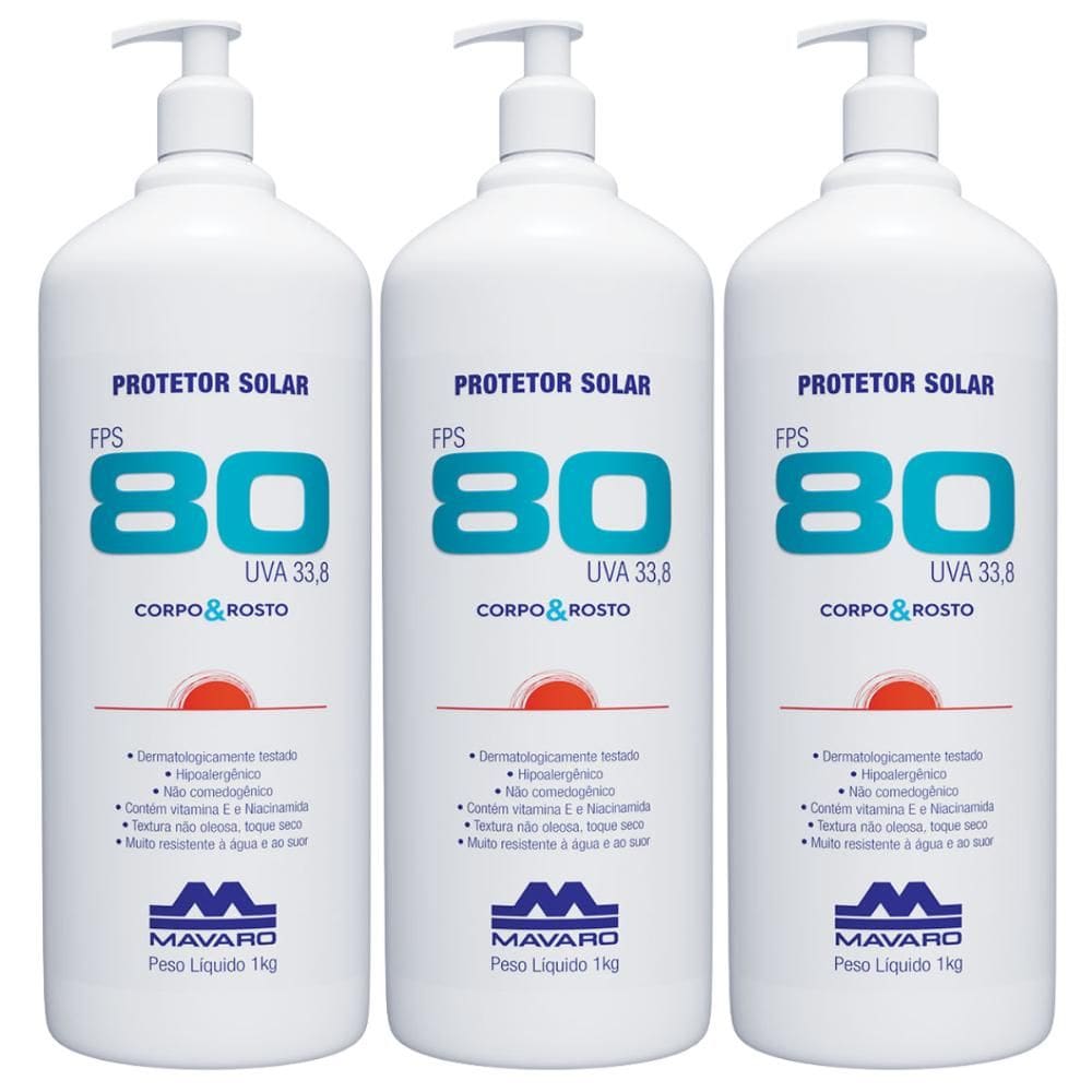 Kit 3 Protetor Solar Profissional Corpo E Rosto 1 KG Raios UV FPS 80 Mavaro