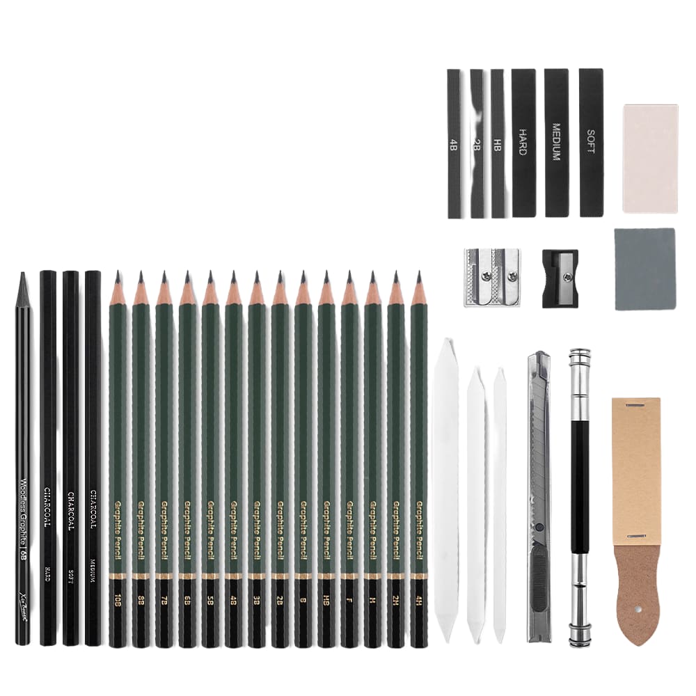 Conjunto de materiais de desenho e desenho, 31 unidades — inclui grafite