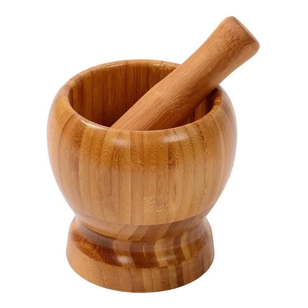 Pilão Com Socador Madeira Bambu Alho Pimenta Condimentos