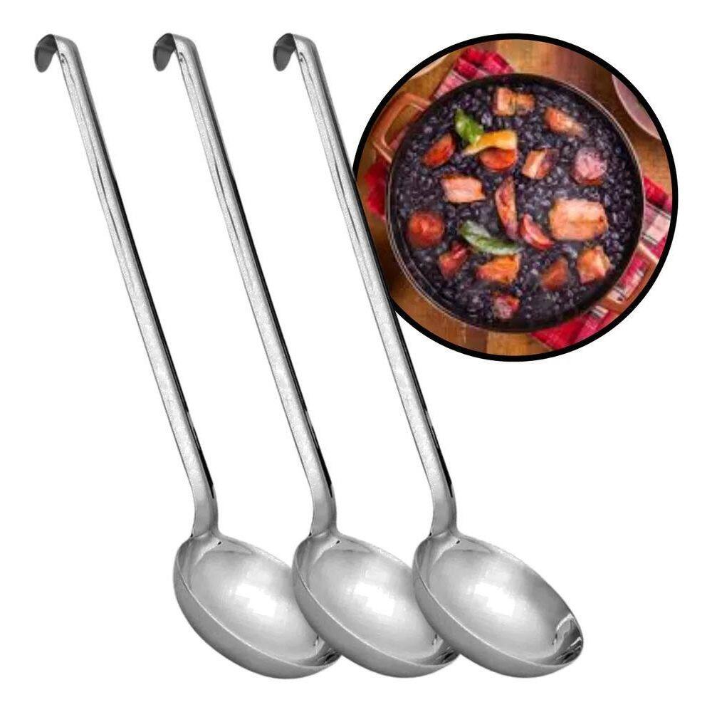 Kit 3 Concha Inox Grande Servir Feijão Industrial Cabo Longo