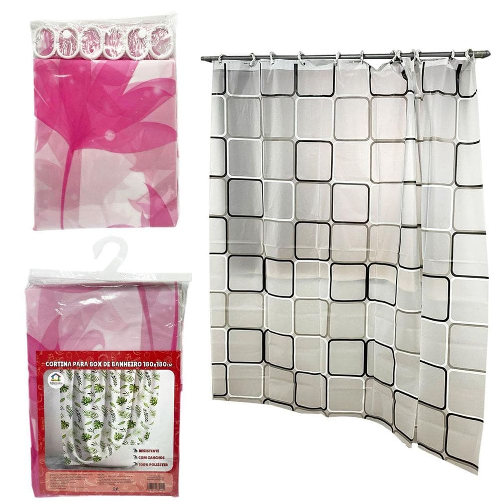 Cortina Box Banheiro Poliéster Com Ganchos 180Cmx180Cm