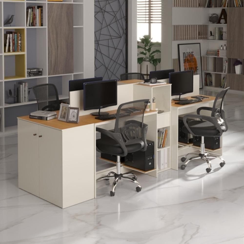 Estação De Trabalho 4 Lugares Office Tech 4 Mesas 2 Armários - Off White E Cedro Off White E Cedro