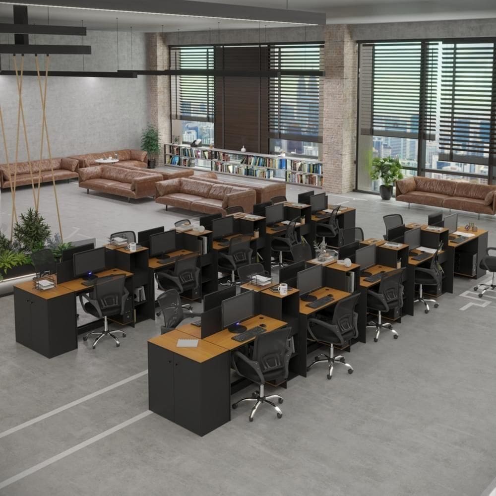 Estação De Trabalho 20 Lugares Office Tech 20 Mesas 16 Armár - Preto E Cedro Preto E Cedro