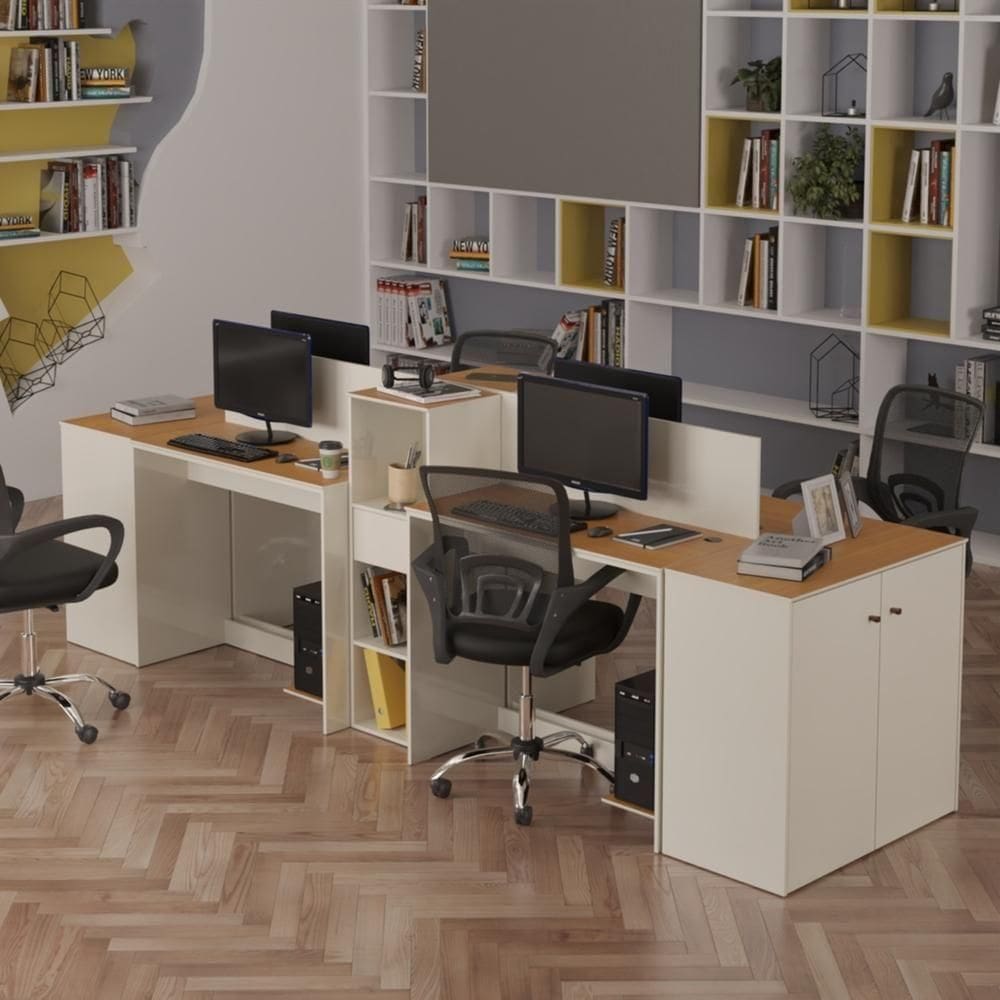 Estação De Trabalho 4 Lugares Office Tech 4 Mesas 2 Armários - Off White E Cedro Off White E Cedro