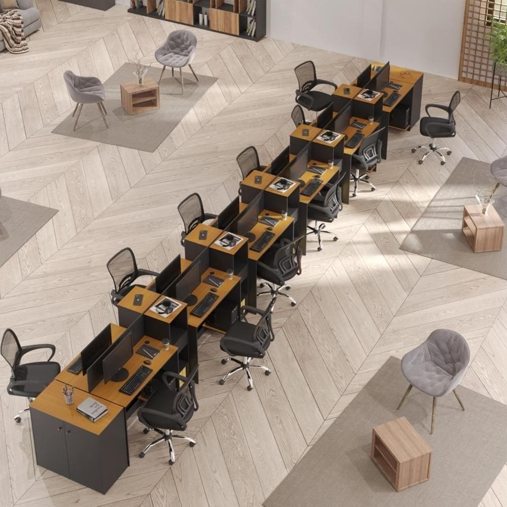 Estação De Trabalho 12 Lugares Office Tech 12 Mesas 10 Armár - Preto E Cedro Preto E Cedro