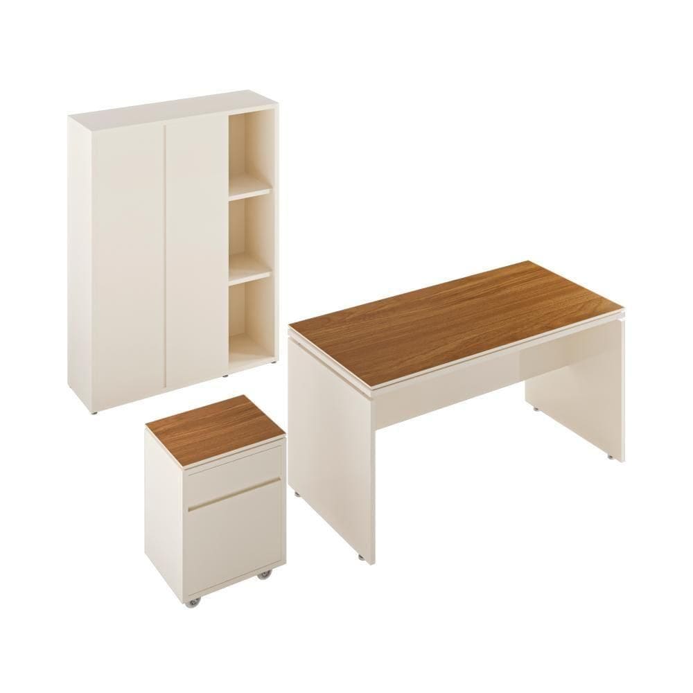 Conjunto De Escritório Office 3 Peças Mesa Gaveteiro Armário - Off White E Cedro Off White E Cedro