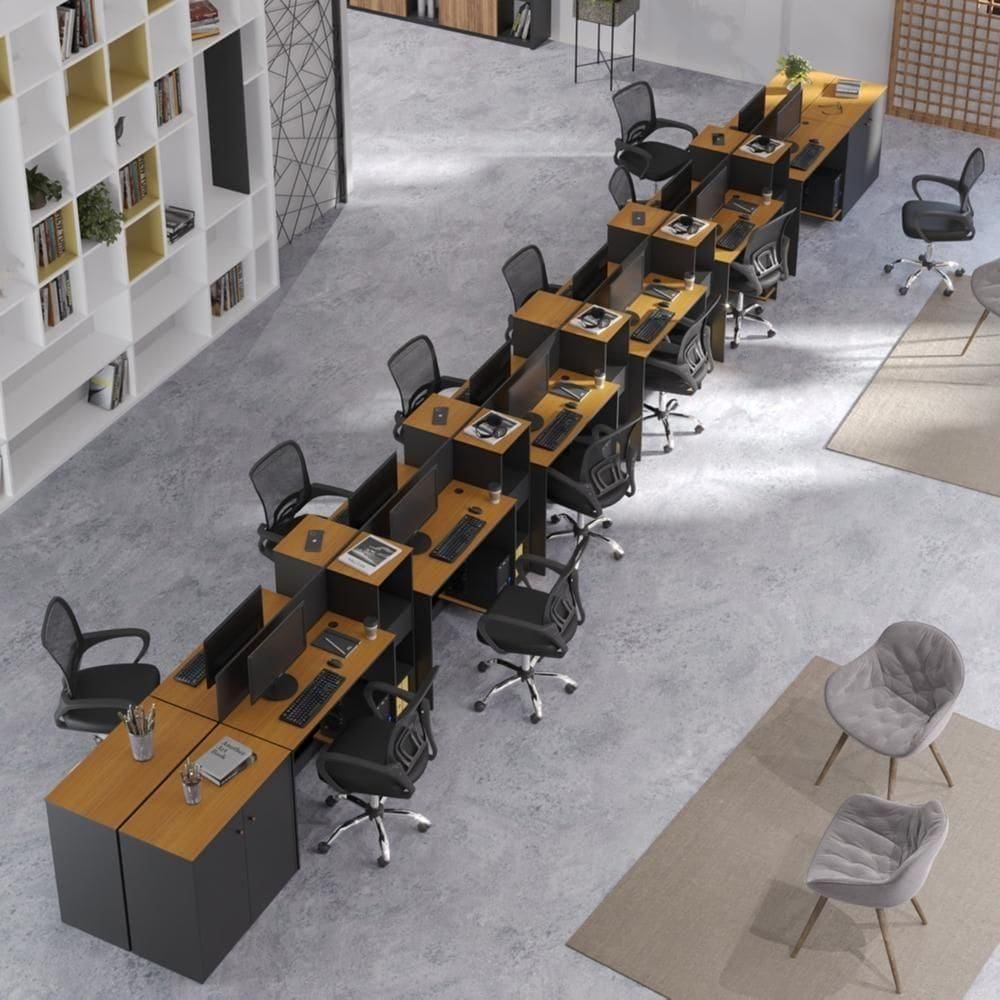 Estação De Trabalho 12 Lugares Office Tech 12 Mesas 10 Armár - Preto E Cedro Preto E Cedro