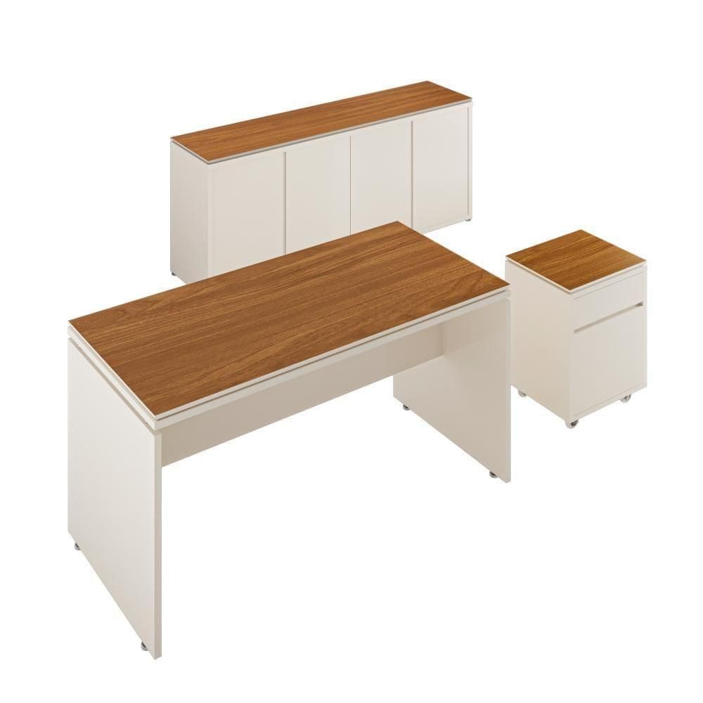 Conjunto De Escritório Office 3 Peças Mesa Gaveteiro Balcão - Off White E Cedro Off White E Cedro
