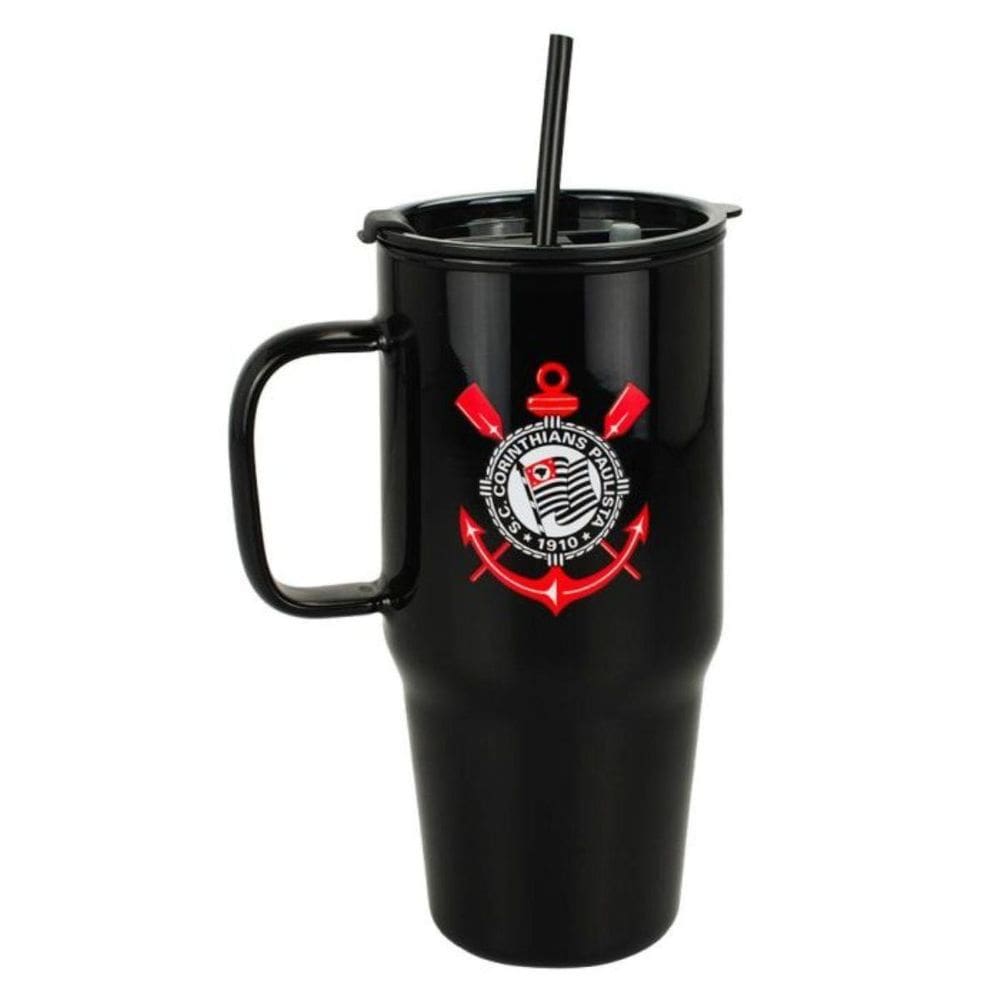 Caneca Vidro Opaca Canudo E Tampa 1200Ml - Corinthians