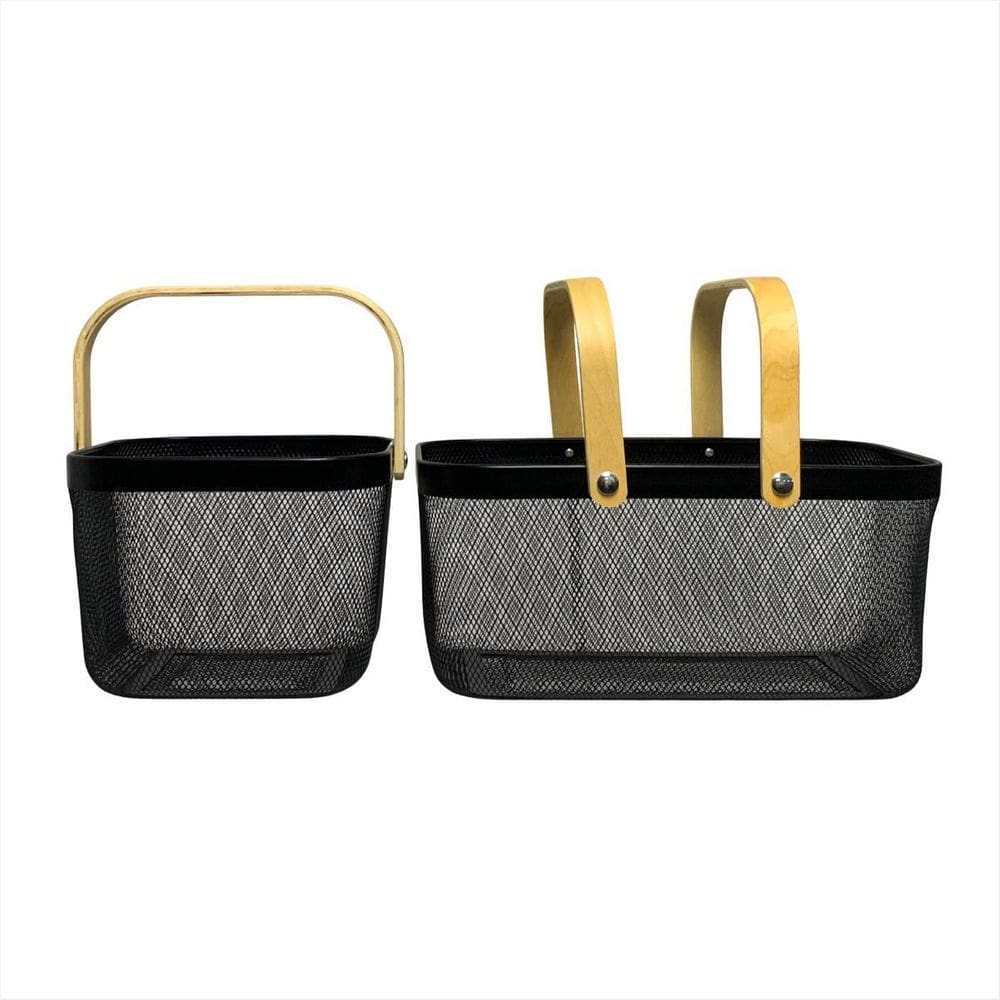 Kit 2 Cestos Multiuso Organizadores Caixa Metal Alça Madeira