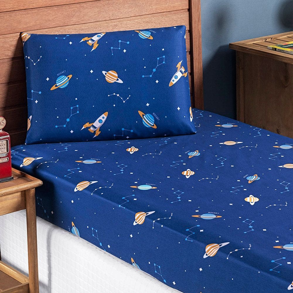 Jogo Cama Lençol Fantasy Solteiro Cama Quarto Infantil Microfibra 2 Peças Galáxia Espaço Azul