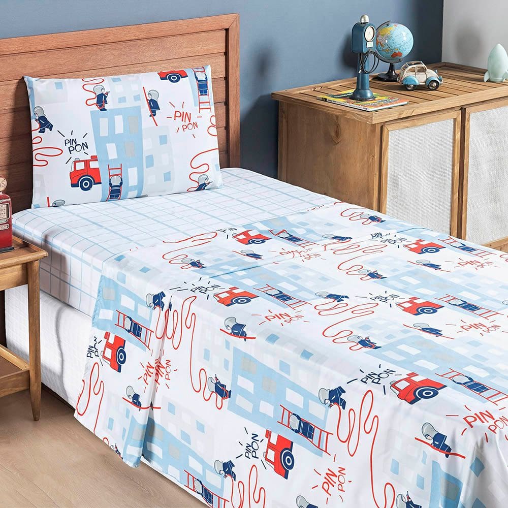 Jogo Cama Lençol Fantasy Solteiro Cama Quarto Infantil Microfibra 3 Peças Bombeiro Branco