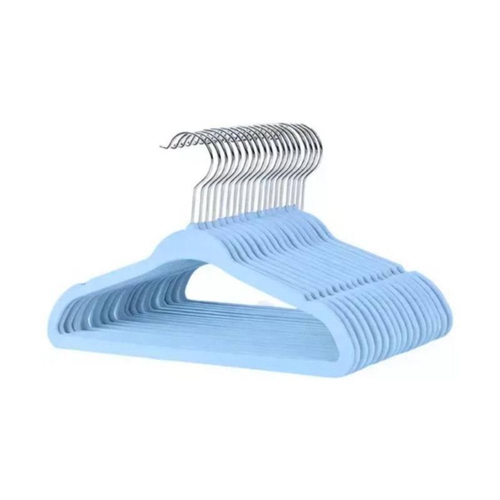 Kit Com 10 Cabides Slim Veludo Infantil Azul Gancho De Metal
