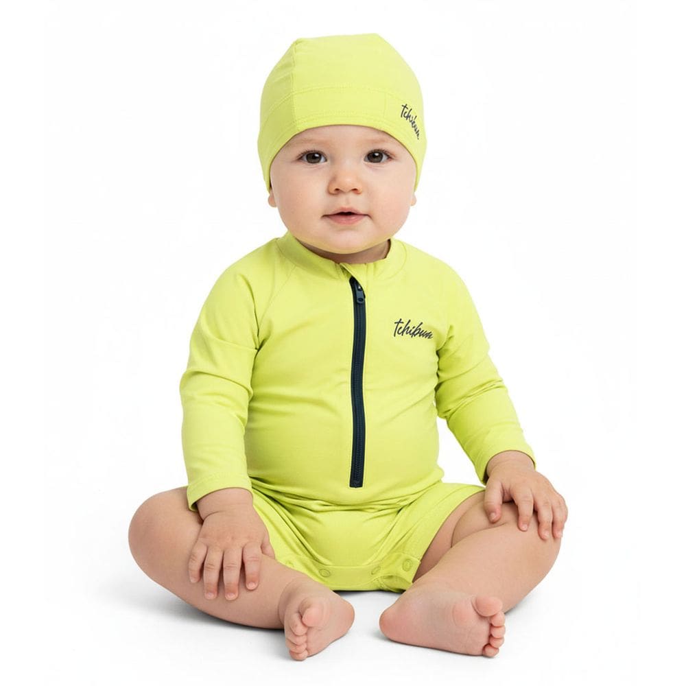 Macaquinho Praia e Natação Bebê Tchibum Kamylus UV50+ com Touca Amarelo Neon