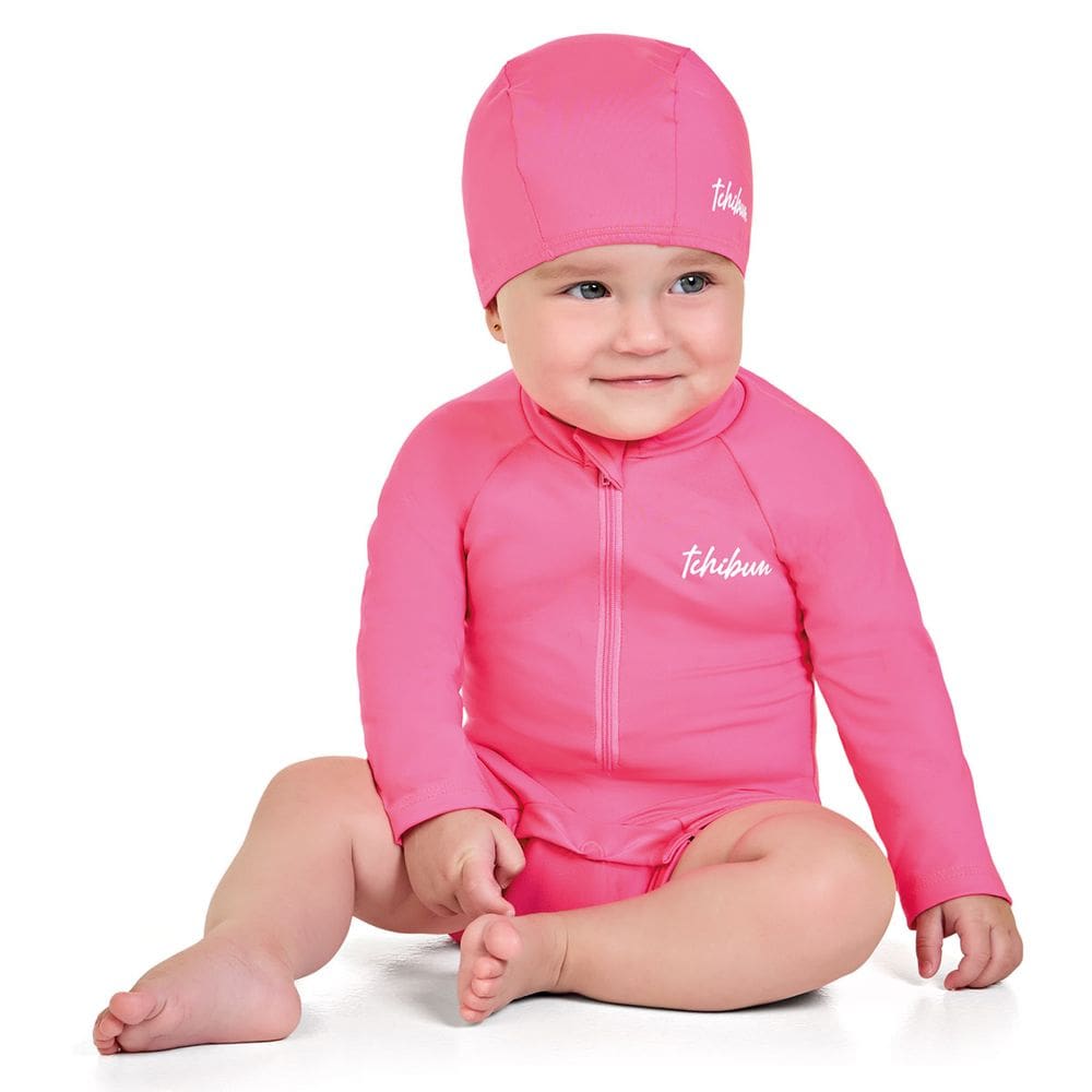 Macaquinho Praia e Natação Bebê Tchibum Kamylus UV50+ com Touca Rosa Neon