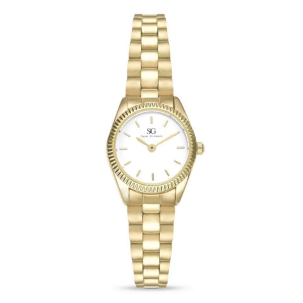 Relógio feminino Celeste Gold mini dourado com bisel canelado Saint Germain