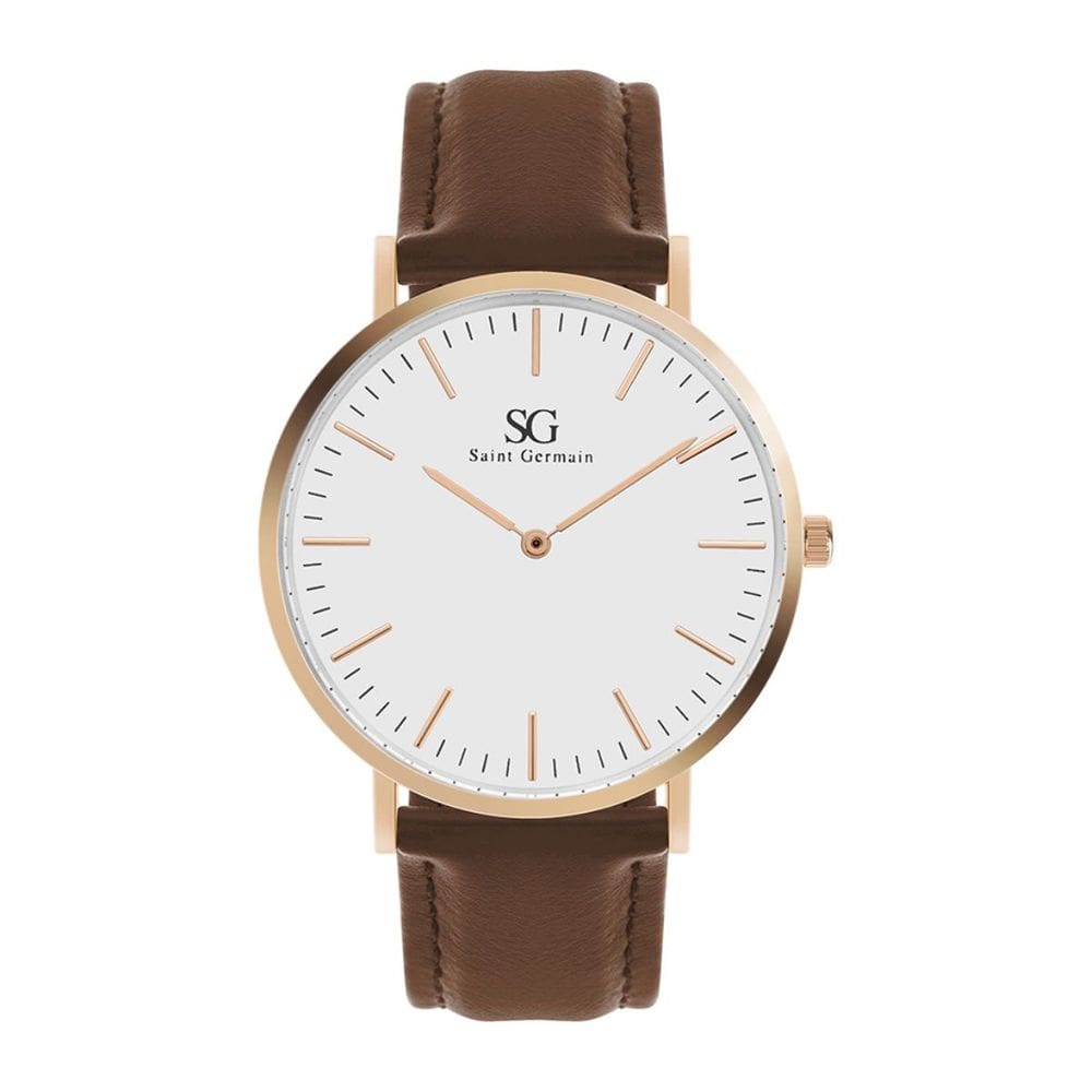 Relógio masculino branco e rose pulseira de Couro marrom Bronx Rosé Gold 40mm Saint Germain