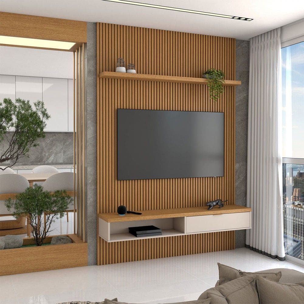 Painel para TV Até 60 Polegadas Home 1 Porta 140 Cm Natural Ripado/Off White - Panorama Móveis