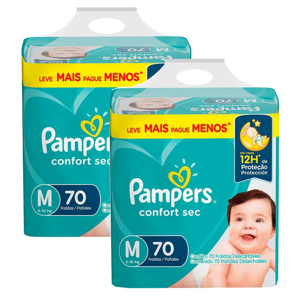 Kit 2 Fralda Pampers Confort Sec Tamanho M 70 Unidades Descartáveis