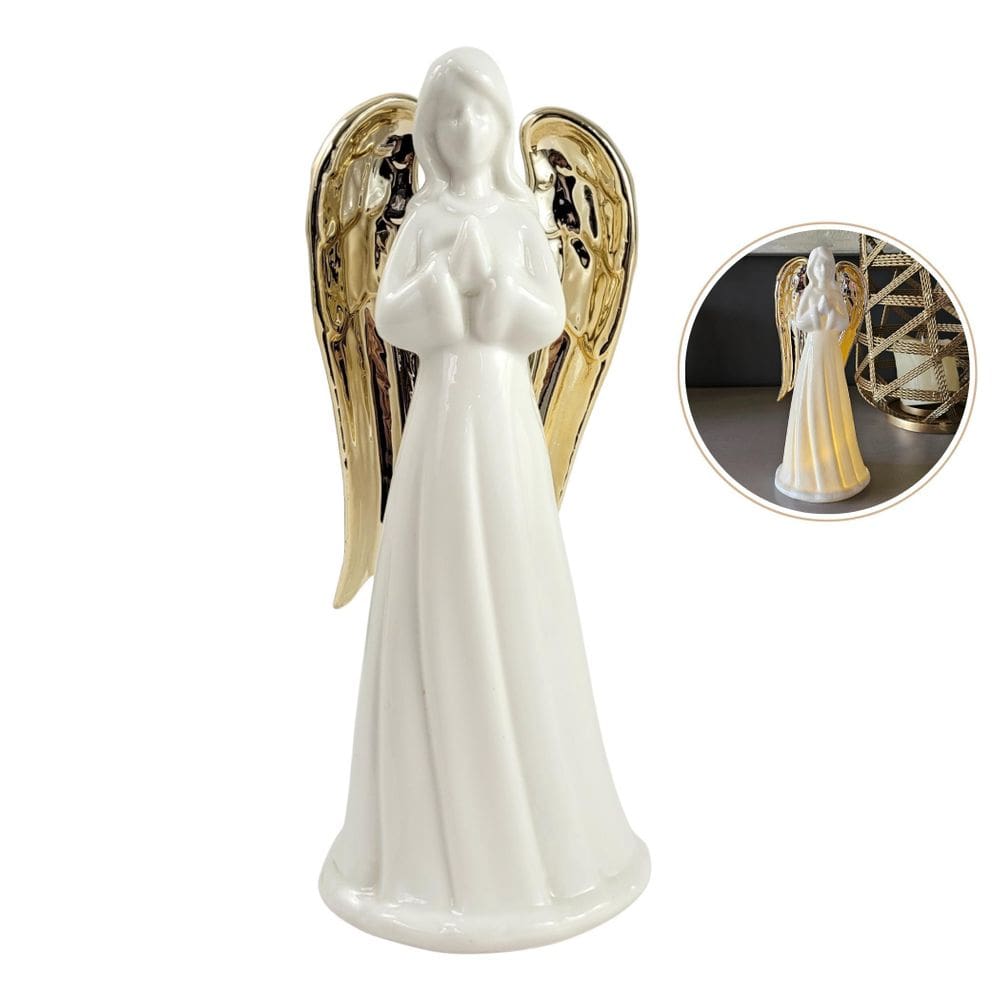 Anjo Decorativo Porcelana Branco Dourado 21Cm Decoração Led