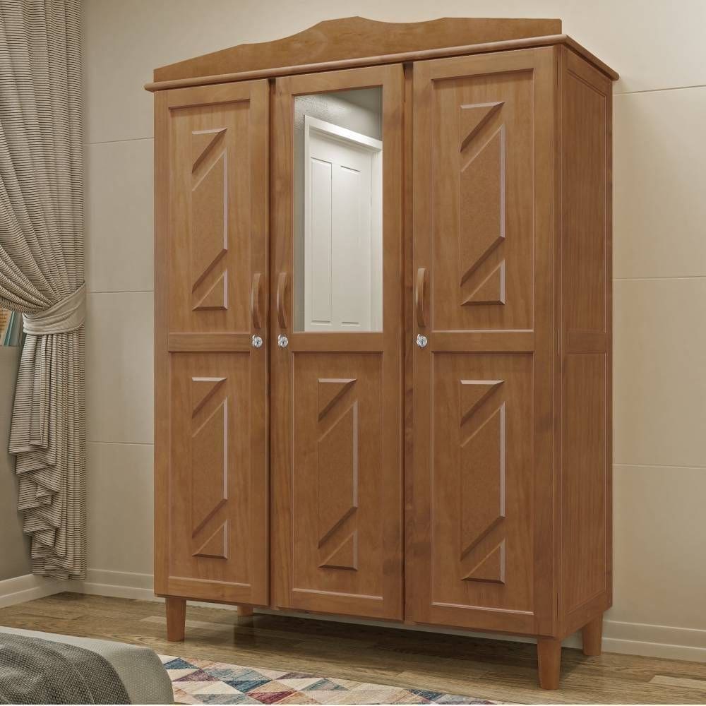 Guarda-Roupa Solteiro 3 Portas 3 Gavetas Internas com Espelho Brasil em Madeira - Cavazotto