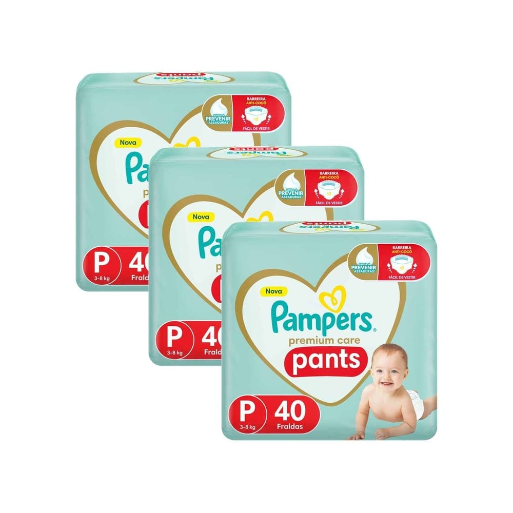 Kit 3 Fralda Infantil Pampers Premium Care Pants Tamanho P com 40 Unidades