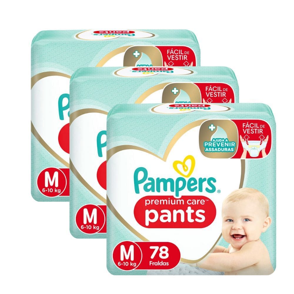 Kit 3 Fralda Infantil Pampers Premium Care Pants Tamanho M com 78 Unidades