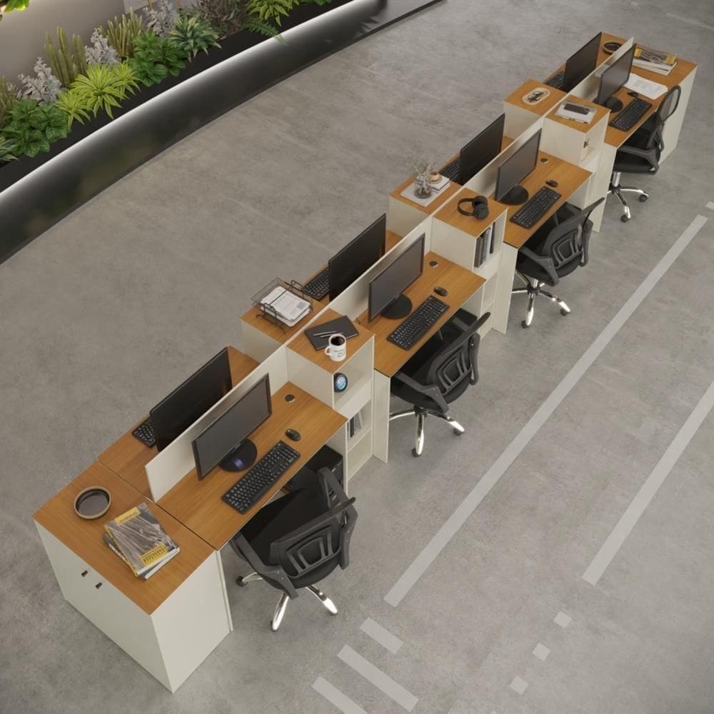 Estação De Trabalho 8 Lugares Tech Office 8 Mesas 6 Armários - Off White E Cedro Off White E Cedro