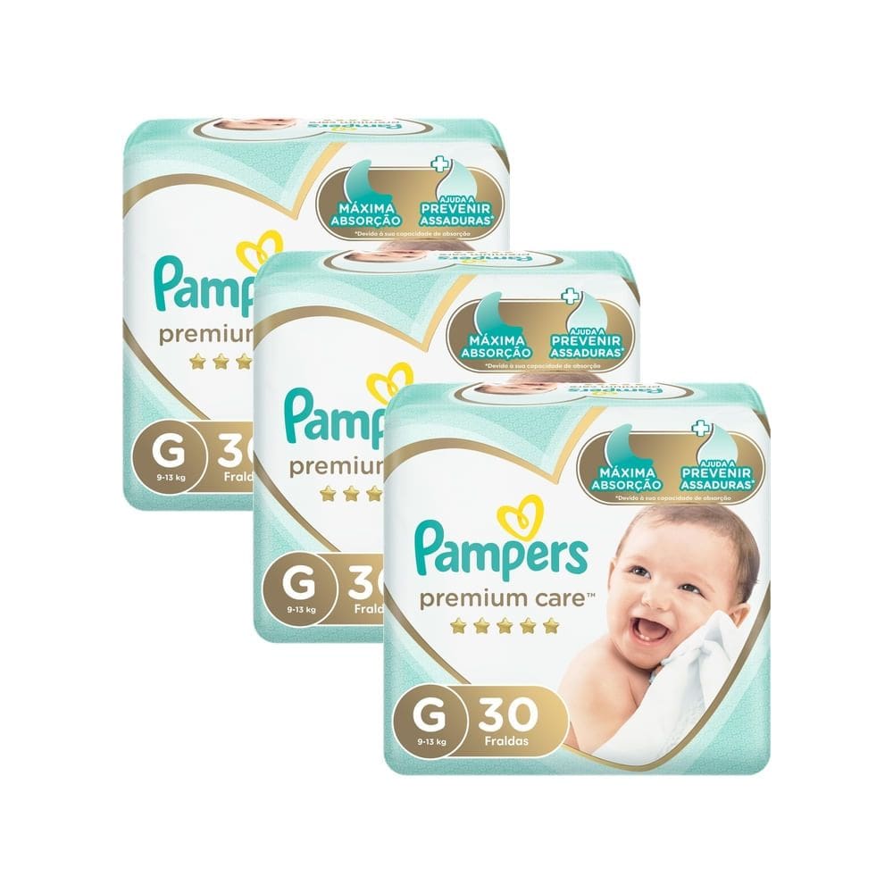 Kit 3 Fralda Pampers Premium Care Tamanho G Pacote Mega 30 Fraldas Descartáveis