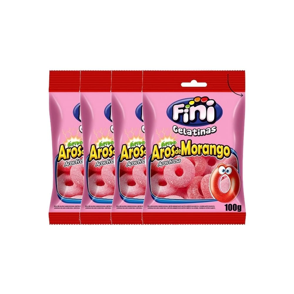 Kit 4 Balas de Gelatina Fini Aros de Morango 100g