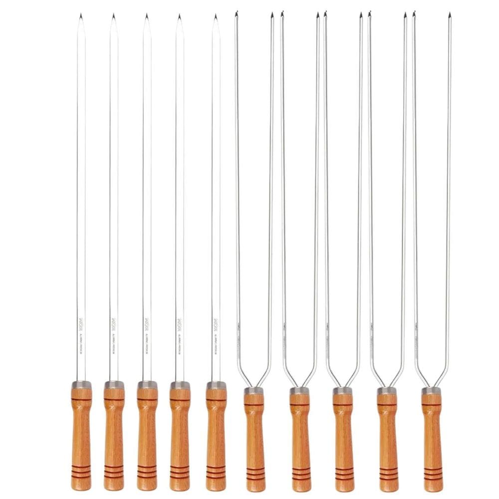 Kit 10 Espetos 75Cm Preparo Churrasco Cabo Madeira Aço Mor